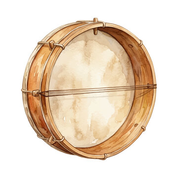 Watercolor illustration of a Persian daf frame drum with wooden rim and skin head