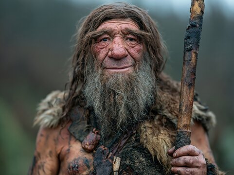 Portrait of a caveman holding a wooden staff