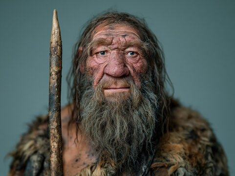 Neanderthal man portrait with a spear and fur