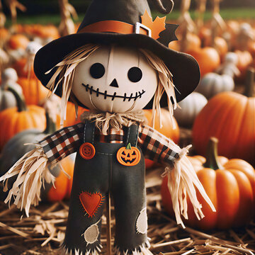 ⁠Cute Halloween Scarecrow Wearing Witch Hat in Pumpkin Patch Field⁠