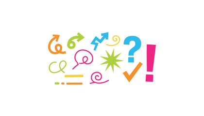 Fototapeta premium Collection of colorful sketchy hand-drawn arrows, swirls, star, question mark, and exclamation mark symbols.