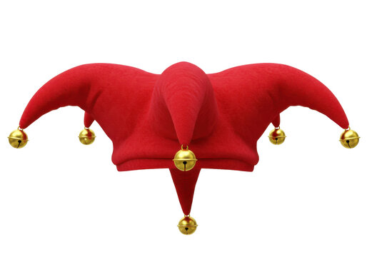 Vivid red jester's hat with golden bells, playful and festive design isolated white background