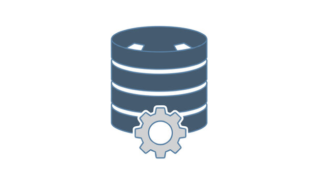 Database configuration icon featuring a blue server storage cylinder and a metallic gray mechanical gear.