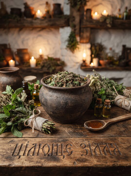 Antique Apothecary Table With Dried Herbs Candles And Ceramic Mortar