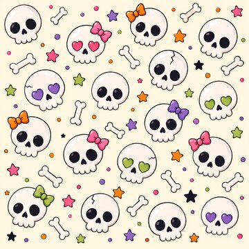 Cute Halloween pattern featuring adorable skulls, bones, heart-shaped eyes, colorful bows, stars and playful confetti on a cream background.