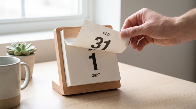 Close-up of a hand turning a desk calendar page from December 31 to January 1, 2027.