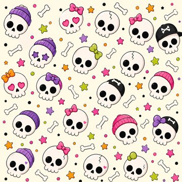 Playful Halloween pattern featuring cute skulls with colorful beanies, bows, bones, stars and decorative confetti on a warm cream background.