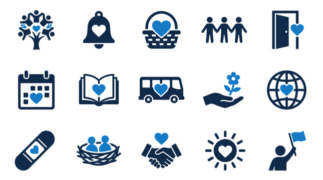 Collection of blue and dark blue social welfare and nonprofit vector icons showcasing tree of life bell shopping basket calendar book bus globe bandaid handshake sun symbols