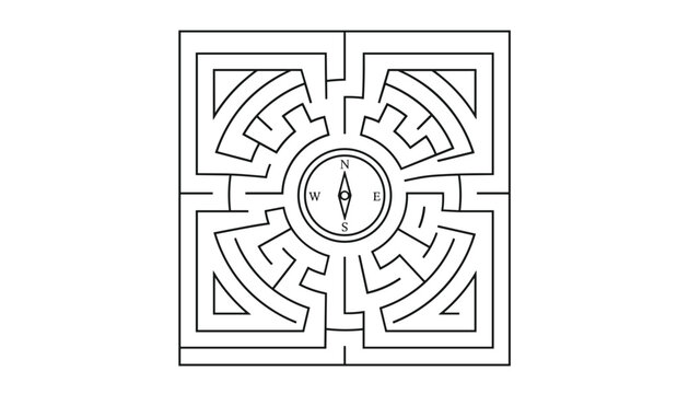 Complex square maze design with a classic orientation compass at the center symbolizing direction and problem solving.