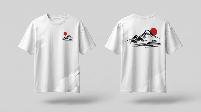 Front and Back White T Shirt Mockup with Minimal Red Sun and Ink Style Graphic