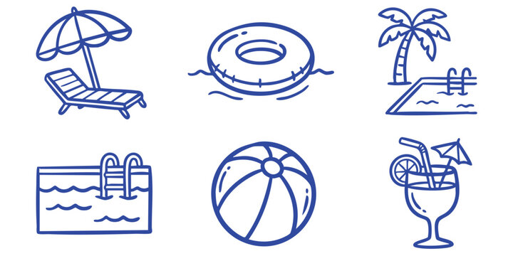 Summer vacation icons in a hand drawn doodle style with clear space for text on a white background