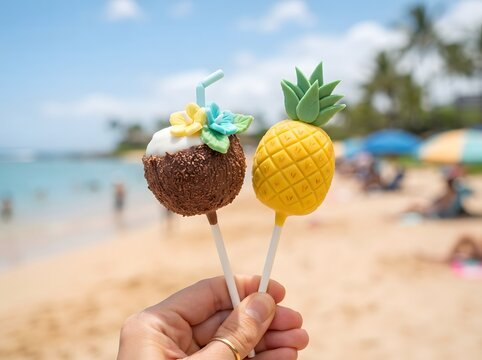 Hand holding decorated coconut and pineapple cake pops against tropical beach