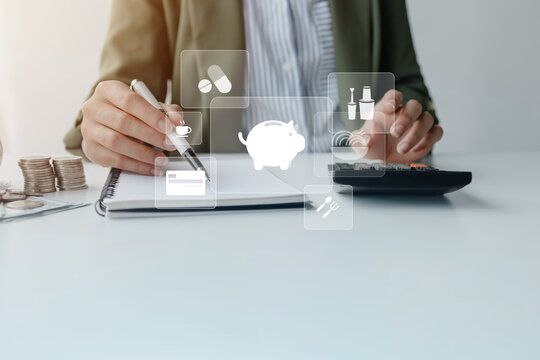 Business professional managing digital finance with virtual financial icons, representing financial planning, investment management, digital banking, budgeting, and smart business decisions.