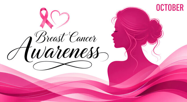 Pink breast cancer awareness illustration, October ribbon campaign banner, feminine silhouette with flowing waves isolated PNG with Transparent Background