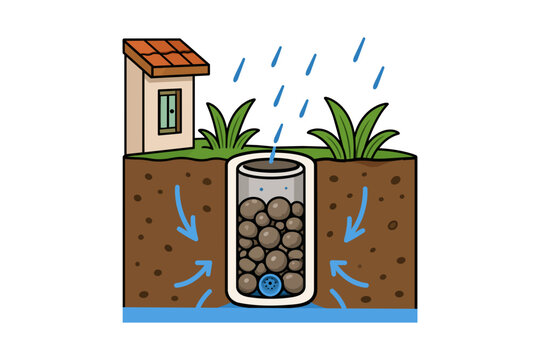 Illustration of a dry well system for rainwater infiltration and groundwater recharge.
