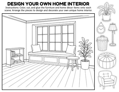Create Your Own Home Interior Scene Cut & Paste Activity for Kids | Printable Furniture & Home D&eacute;cor Coloring, Cutting & Gluing Worksheets, Design and Decorate Your Own House, Room & Home Living Craft
