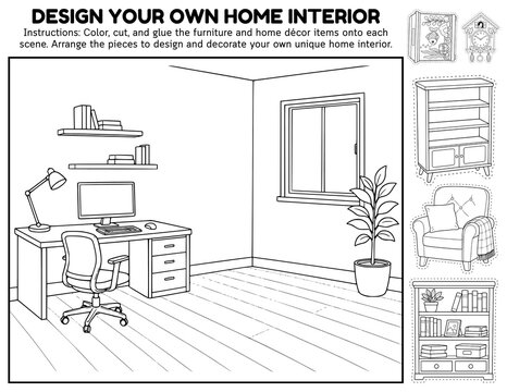 Create Your Own Home Interior Scene Cut & Paste Activity for Kids | Printable Furniture & Home D&eacute;cor Coloring, Cutting & Gluing Worksheets, Design and Decorate Your Own House, Room & Home Living Craft