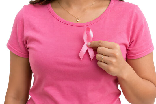 Breast cancer awareness pink ribbon on woman's pink shirt, support symbol, healthcare fundraising and advocacy concept isolated PNG with Transparent Background
