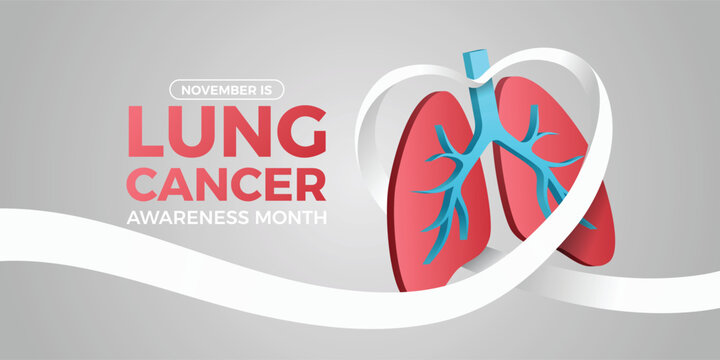 November, Lung cancer awareness month - Red blue 3D lung sign and white ribbon awareness roll to heart shape around vector design