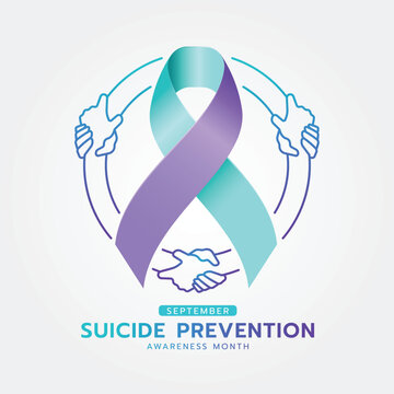 Suicide prevention awareness month - Teal and purple line hands hold hand circle around ribbon awareness vector design