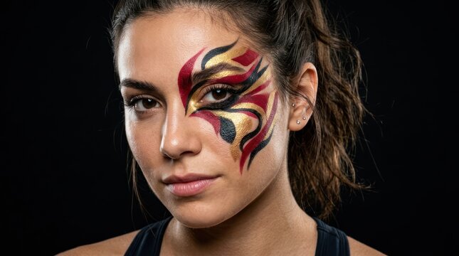 Woman with patriotic face paint portrait against dark background