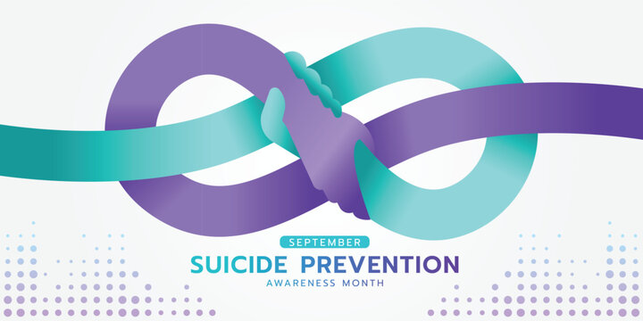 Suicide prevention awareness month - Teal and purple long line hands hold hand care with rolling cross around vector design