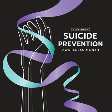 Suicide prevention awareness month - Teal and purple ribbon awareness roll waving white line hand help on black background vector design