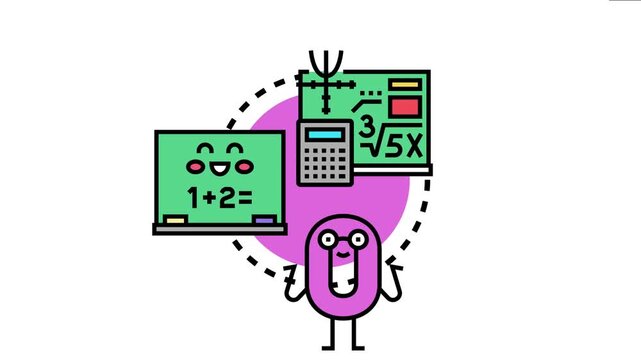 Humorous character interacts with a blackboard showing a simple equation and a board displaying advanced math formulas and a calculator, the development of mathematical skills
