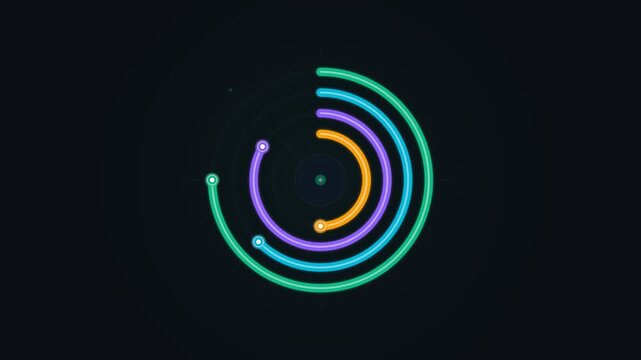 Clean 4K textless animated radial gauge progress breakdown chart featuring concentric multi-colored ring arcs with smooth spring physics, glowing circle tip markers, rotating telemetry laser sweep, an