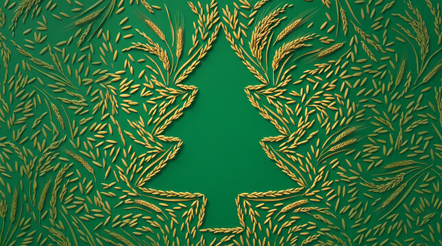 Minimalist holiday texture featuring a faint pattern of a festive tree created from wheat seeds on a solid green surface