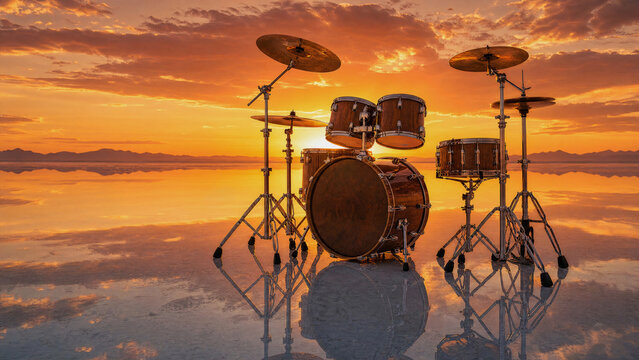 Drum Set on a Mirror Lake at Sunset