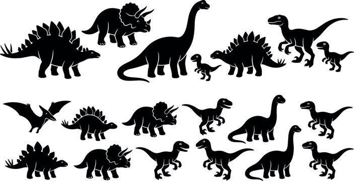 Collection of black dinosaur silhouettes featuring triceratops, stegosaurus, brachiosaurus, and velociraptor vector illustrations isolated on a white background.