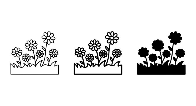 Simple Flower Garden Icons, Outline and Silhouette, Vector Elements for Spring and Nature Designs