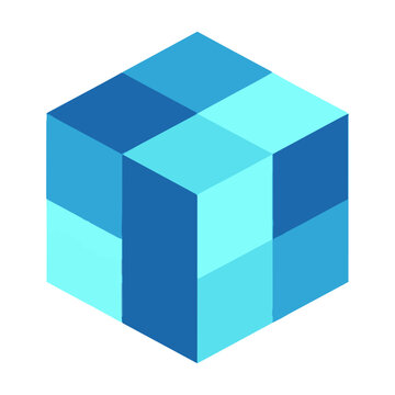 A single stylized geometric cube with distinct flat color blocks in shades of blue and cyan, isolated on white with a clean geometric design concept
