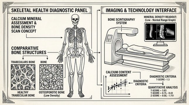 Dynamic Skeletal Health Diagnostic Panel Showcasing Bone Density Scan Concept with Comparative Structures and Imaging Tech