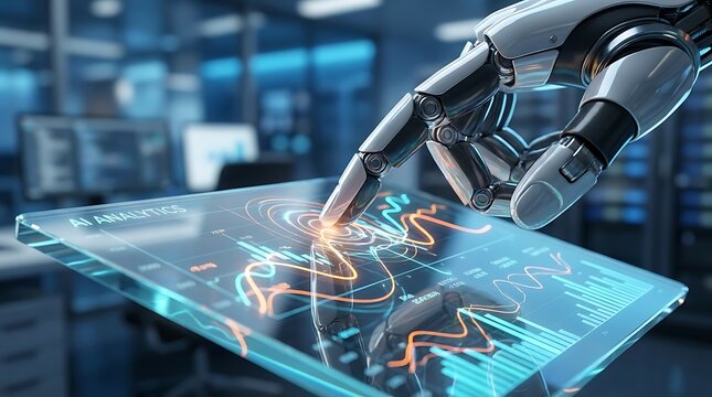 Futuristic robotic cyborg hand touching glowing digital interface on a modern high tech tablet screen