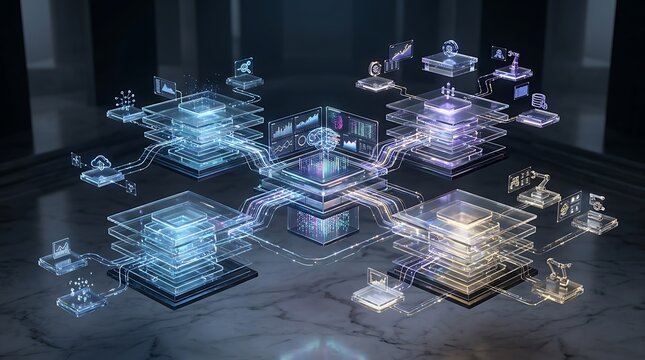 Multiple floating futuristic tech processors connected by glowing digital data bridges in dark cyberspace