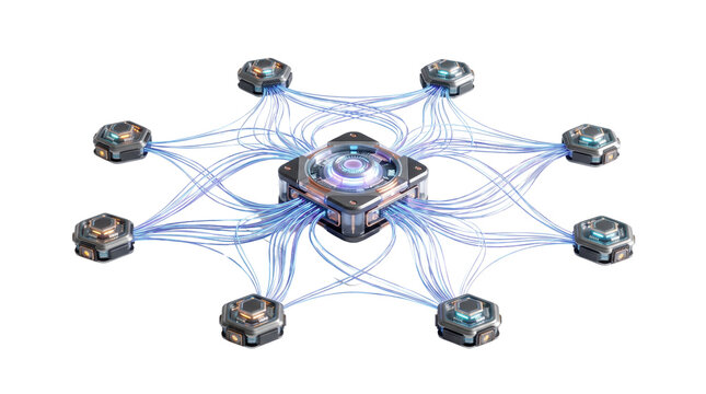 Futuristic quantum processor unit, central artificial intelligence hub with glowing blue fiber optic connections, decentralized network nodes
