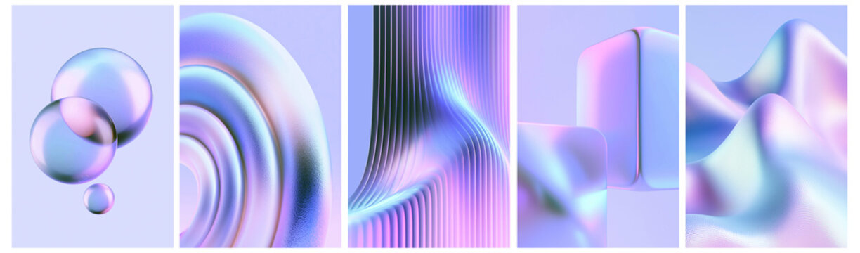 Abstract Iridescent 3D Backgrounds Set, Holographic Pastel Geometric Shapes & Liquid Waves Collection