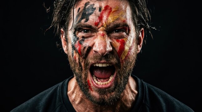 Tortured war face with red paint and open mouth screaming in dramatic light