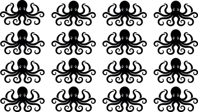 Seamless pattern background featuring multiple identical black silhouette vector octopus icons with curling tentacles isolated on white.