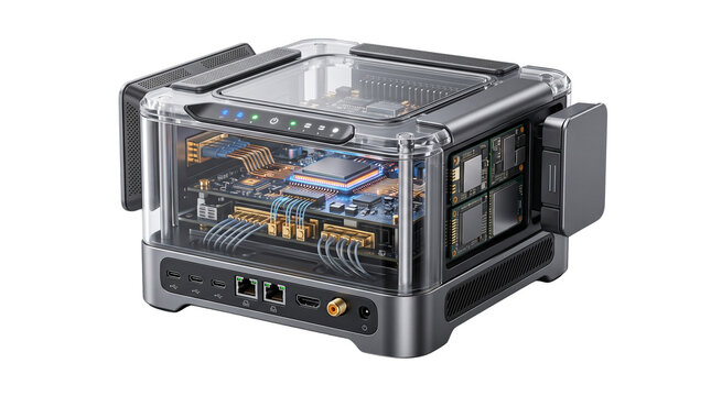 Futuristic quantum computer processor, transparent glass server housing, advanced high-tech hardware with glowing circuits and cooling system