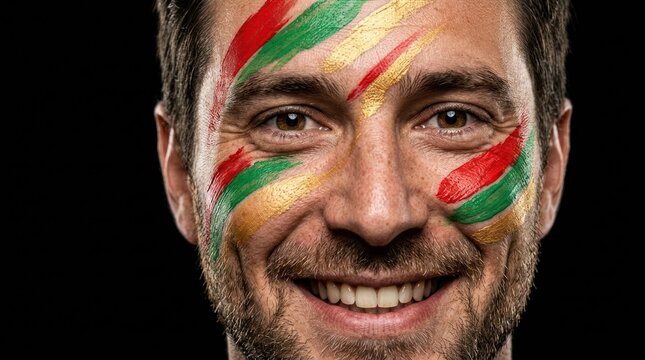 Smiling man with colorful face paint flag pattern on dark background