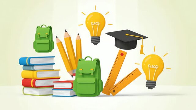 Educational Concept Illustration with Books, Pencils, Backpacks, Graduation Cap and Lightbulbs for Learning and Creativity