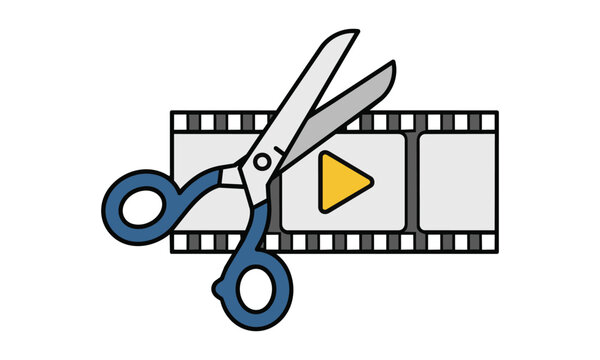 Stylized icon of professional scissors cutting a film strip with a play button, video editing and production concept
