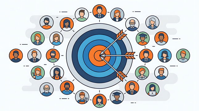 Marketing Target Audience Strategy With Diverse People Icons And Dartboard