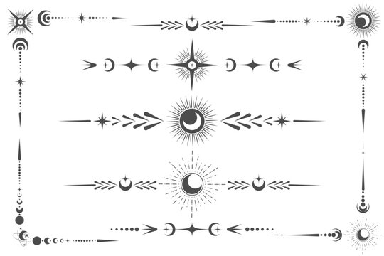 Celestial frames with line of moon stars and sun ornament. Tarot magic border and text divider with fantasy symbols and spiritual elements isolated on white background