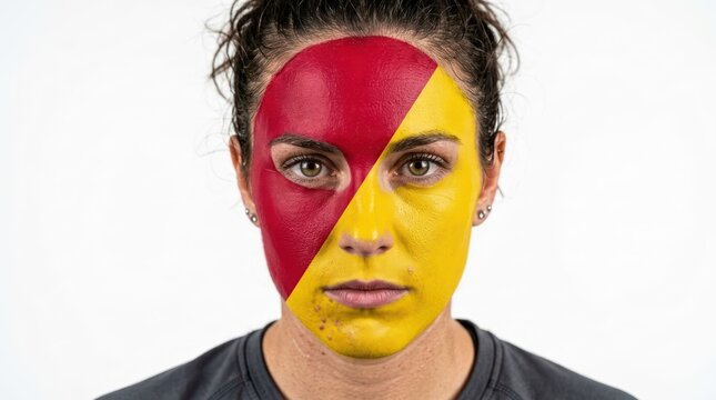 Portrait of a focused person with flag face paint on neutral background