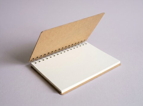 Open kraft paper top spiral notepad mockup with blank page on soft lavender background