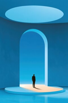 Business silhouette of a solitary man in minimalist blue architecture beneath an arched opening